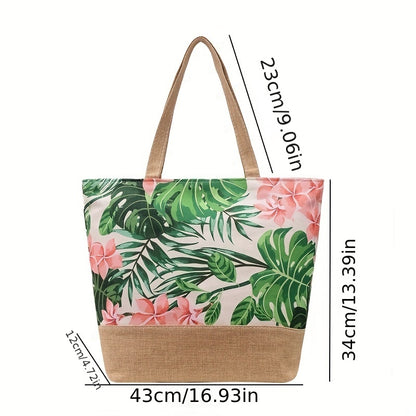 realaiot  Tropic Pattern Tote Bag, Holiday Summer Beach Bag Travel Bag For Vacation, Canvas Large Capacity Shopping Bag