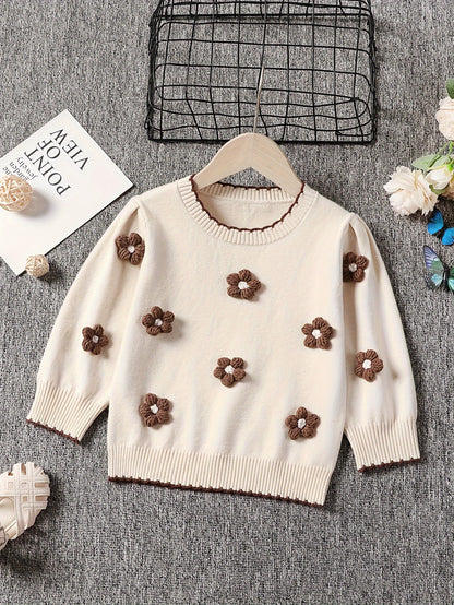 Flowers Decor Lettuce Trim Knit Sweater For Girls, Comfy Warm Long Sleeve Jumper Top Pullover, Fall/ Winter Clothing