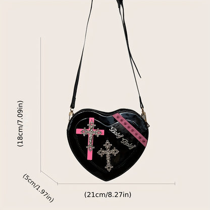 Y2K Heart Shaped Crossbody Bag, Punk Style Studded Decor Purse, Trendy Sweet Cool Shoulder Bag For Girls Women