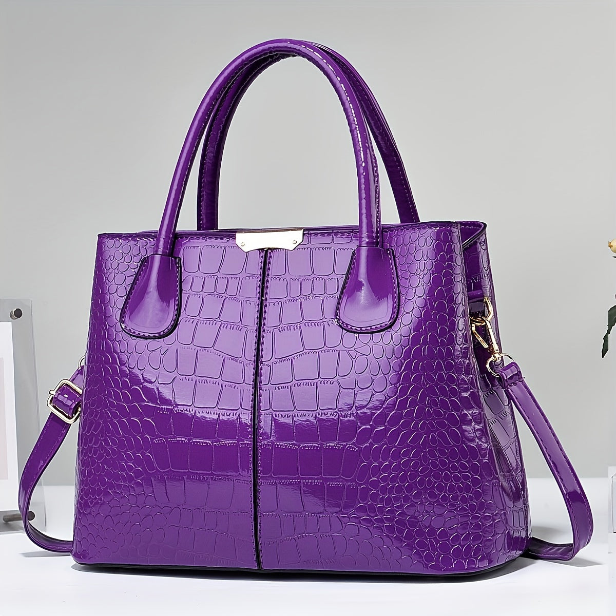 realaiot  Trendy Crocodile Print Tote Bag, Large Capacity Multi-pocket Shoulder Bag, Perfect Underarm Bag For Commuting