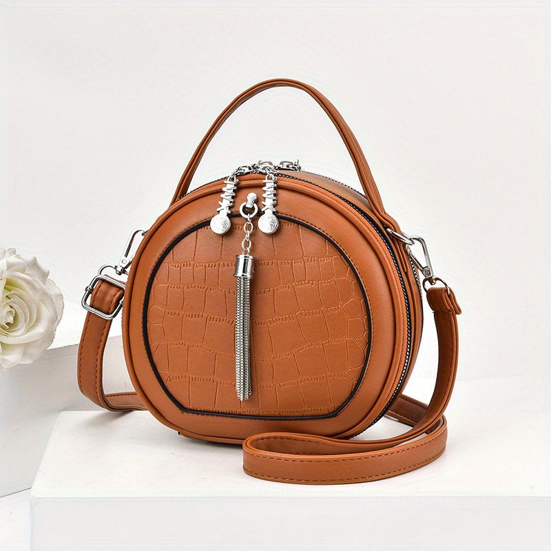 realaiot  Small Circular Crossbody Bag, PU Leather Shoulder Bag For Women, Fashion Zipper Handbag