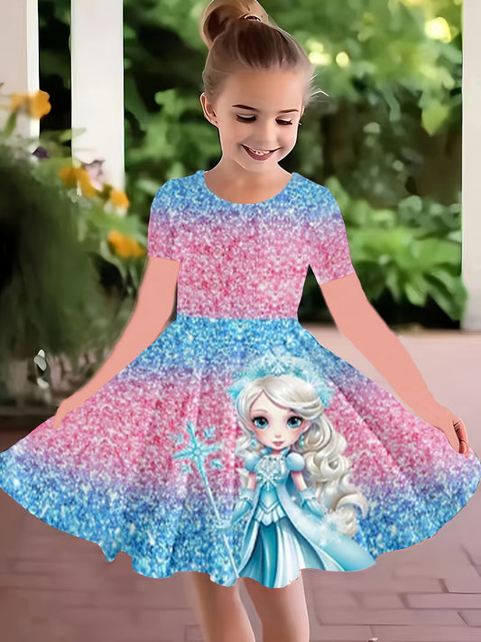 3D Digital Princess Graphic Fit and Flare Short Sleeve Dress for Girls - Vibrant All Over Print, Medium Stretch Jersey Material, Regular Fit, Casual Style - Perfect for Spring, Summer, and Fall Holidays