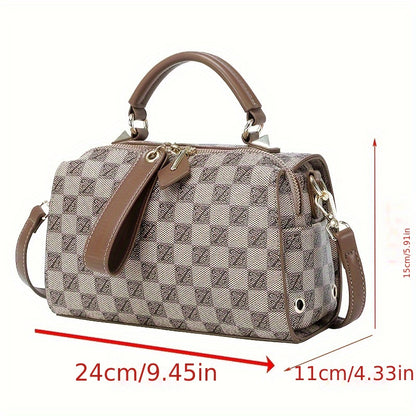 realaiotLarge Capacity Printing Handbag, Fashionable Plaid Crossbody Bag, Women's Retro Zipper Commuter Bag