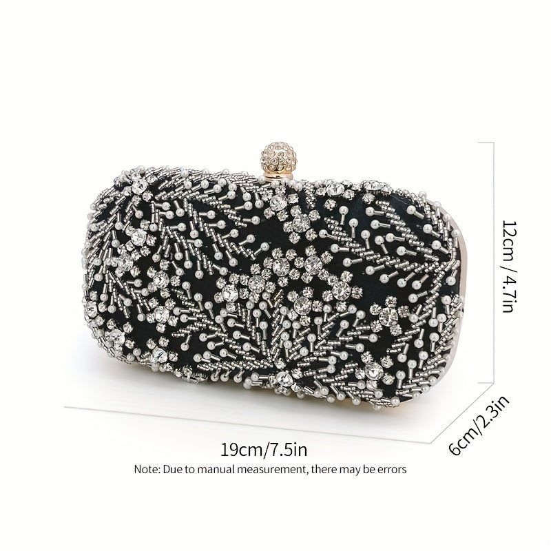 realaiot Faux Pearl & Diamond Kiss Lock Clutch Bag, Party Bag, Metal Chain Cocktail Handbag