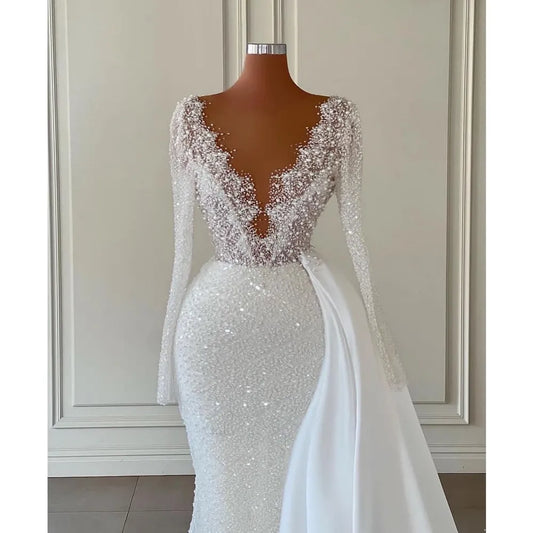 Sexy Sparkly Mermaid Wedding Dresses Pearls Beading Sheer V Neck Long Sleeve Beads Bridal Gowns Robe De Soiree