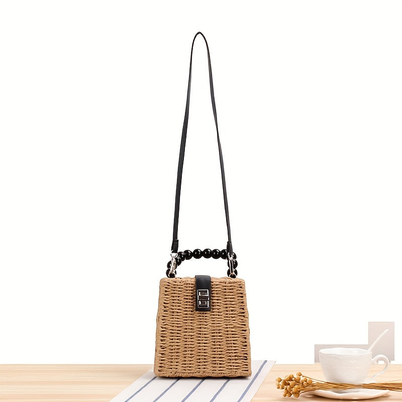 realaiot  Stylish Bead Handheld Mini Woven Bag, Solid Color Shoulder Bag, Perfect Crossbody Bag For Vacation And Daily Use