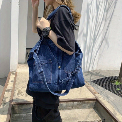 realaiot  Simple Denim Design Shoulder Bag, All-Match Large Capacity Bag, Women's All-Match Bag