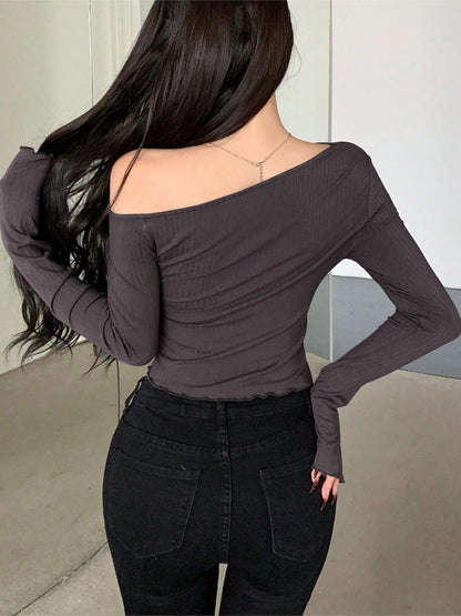 Vibrant Solid Color Slant Neck Long Sleeve T-Shirt - Soft, Breathable, Casual Wear for Spring & Fall - Women's Comfortable Clothing for Everyday Activities