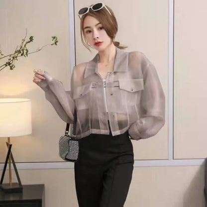 Women's summer long sleeve blouse turn down collar organza perspective high waist short shirt MLXLXXL