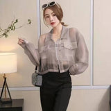 Women's summer long sleeve blouse turn down collar organza perspective high waist short shirt MLXLXXL