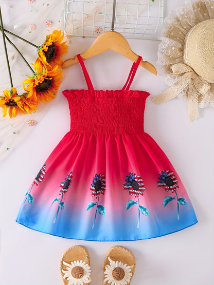 Toddler Girls Gradient Color Sunflower Graphic Frill Trim Shirred Cami Princess Dress For Party Beach Vacation Kids Summer Clothes 4th Of July Outfit