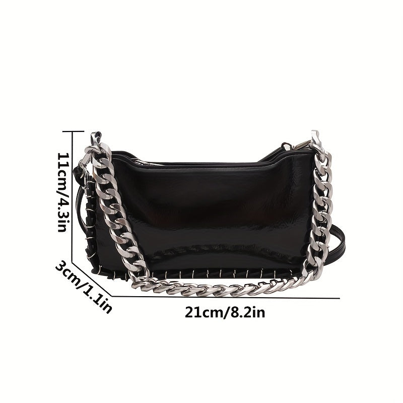 realaiot  Niche Trendy Design Baguette Chain Bag, Solid Color Crossbody Bag With Metal Mini Ring Decor