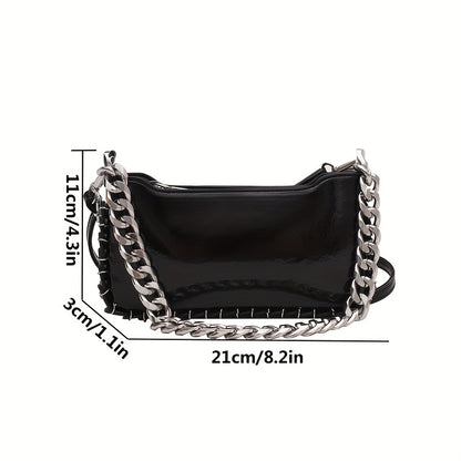 realaiot  Niche Trendy Design Baguette Chain Bag, Solid Color Crossbody Bag With Metal Mini Ring Decor