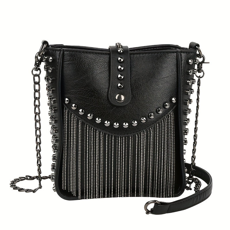 realaiot  Mini Tassel Studded Bucket Bag, Punk Style Crossbody Bag, Women's Trendy Handbag, Shoulder Bag & Purse