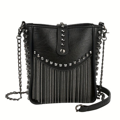 Mini Tassel Studded Bucket Bag, Punk Style Crossbody Bag, Women's Trendy Handbag, Shoulder Bag & Purse