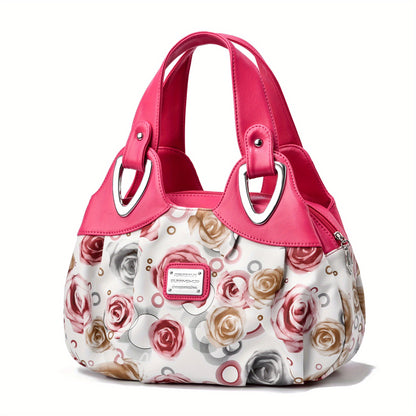 Floral Print Top Handle Tote Bag, Fashion PU Satchel Bag, Women's Trendy Casual Handbag & Purse