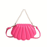 realaiot  Sweet Solid Color Shell Handbag, All-Match Novelty Satchel Bag, Faux Pearl Strap Girls Crossbody Purse