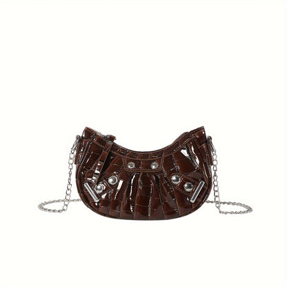 realaiot  Luxury Chain Crossbody Bag, Punk Style Rivet Crescent Bag, Fashion Mini Shoulder Purse