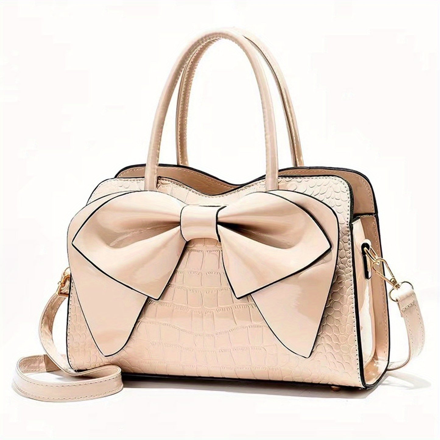 Classic Bowknot Decor Tote Bag, Crocodile Embossed Satchel Bag, Elegant Bag For Work