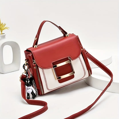 Fashion Color Contrast Handbag, Women's Buckle Decor Crossbody Bag, Elegant Top Handle Mini Square Purse