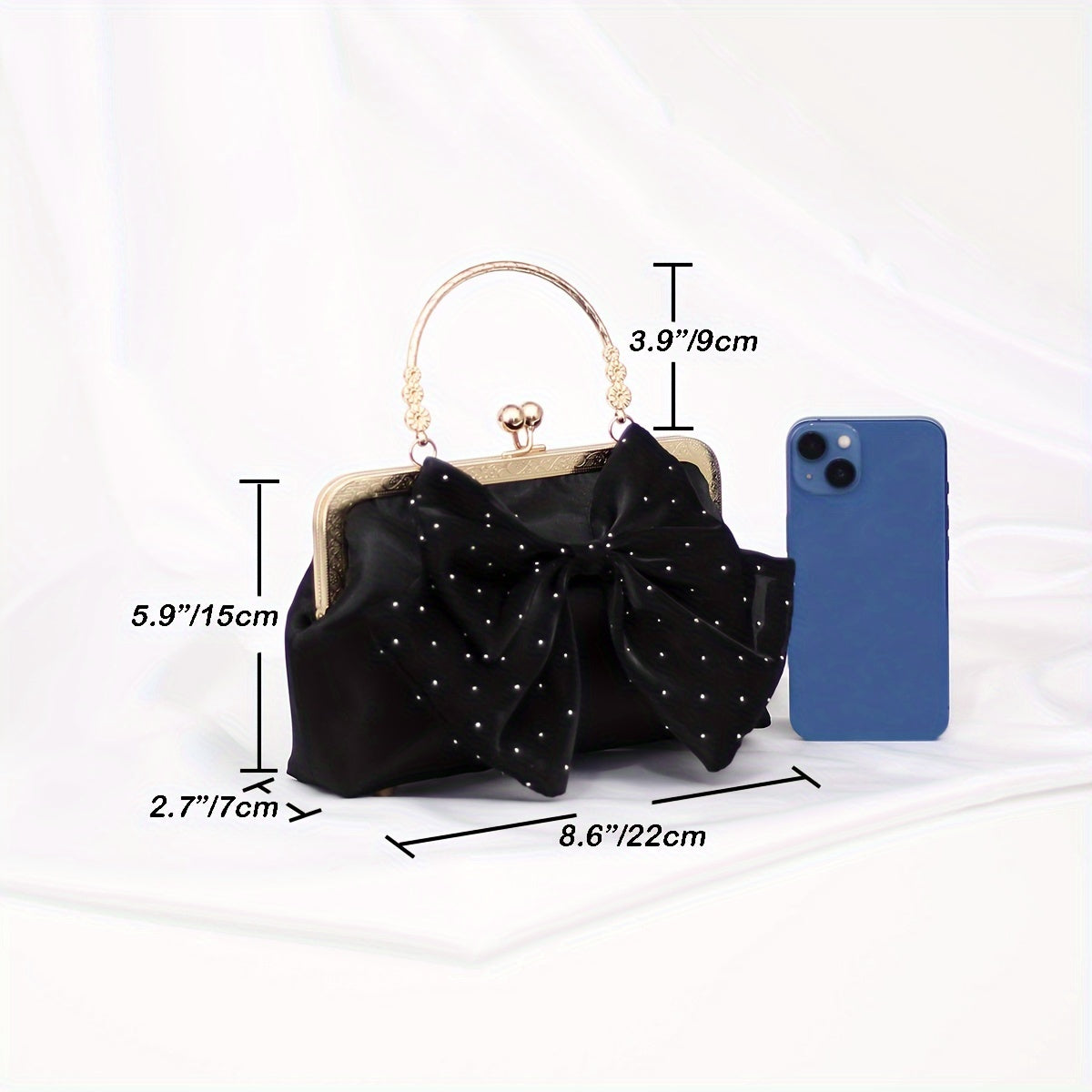 realaiot  Shiny Bowknot Decor Evening Bag, Women's Satin Clutch Purse, Elegant Clip Handbag For Wedding Party Prom Banquet