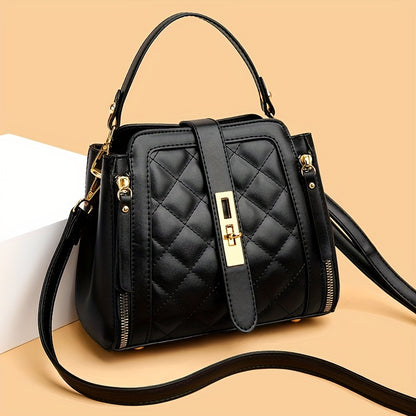 Stylish Argyle Quilted Handbag For Women, Retro PU Leather Crossbody Bag, Top Handle Zipper Purses