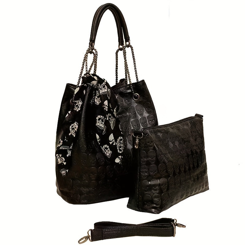 2pcs/set Gothic Skull Print Hobo Bag, Punk Scarf Decor Tote Bag, Women's Trendy Handbag, Shoulder Bag, Crossbody Bag & Clutch Purse