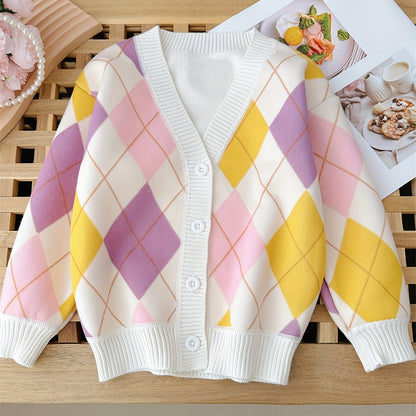 Girls Boys Contrast Argyle Knit Sweater With Fleece Lining, V-neck Cardigan Sweater For Spring And Autumn