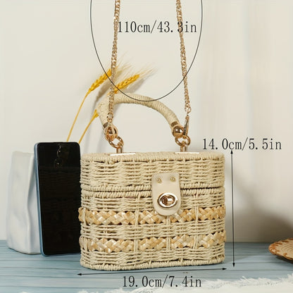 realaiot  Stylish Woven Mini Box Bag, Portable Hollow Shoulder Bag, Perfect Crossbody Box Bag For Beach Traveling