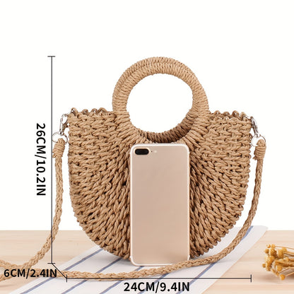 realaiot  Half-Round Woven Straw Bag, Women's Summer Crossbody Bag, Casual Beach Handbag For Holiday