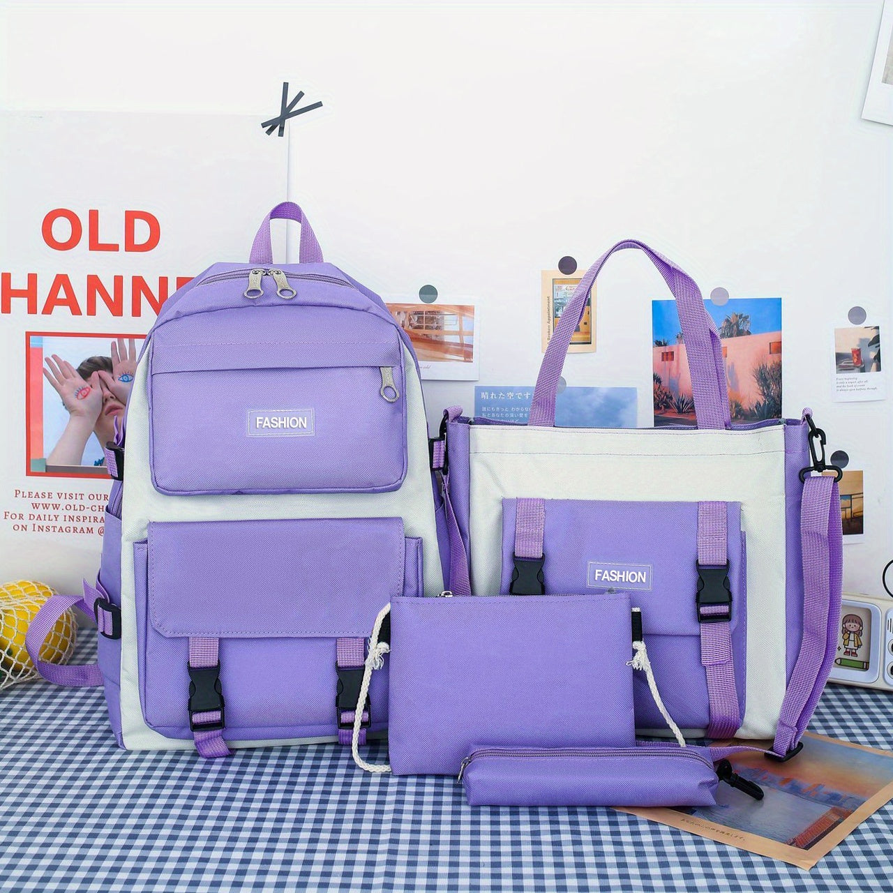 realaiot  4Pcs Student Backpack Set, Preppy Style School Bag With Tote Bag & Crossbody Bag & Pencil Case