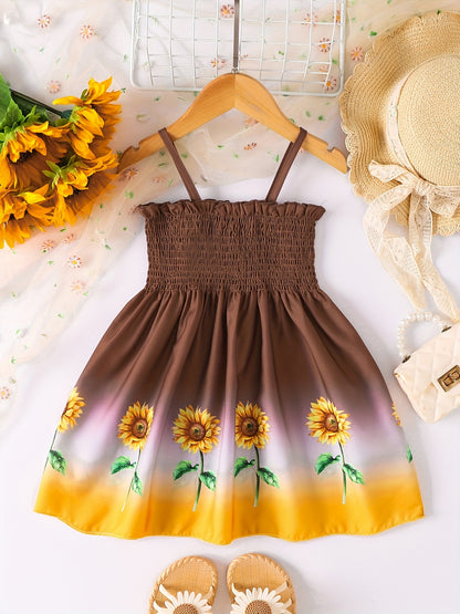 Toddler Girls Gradient Color Sunflower Graphic Frill Trim Shirred Cami Princess Dress For Party Beach Vacation Kids Summer Clothes 4th Of July Outfit