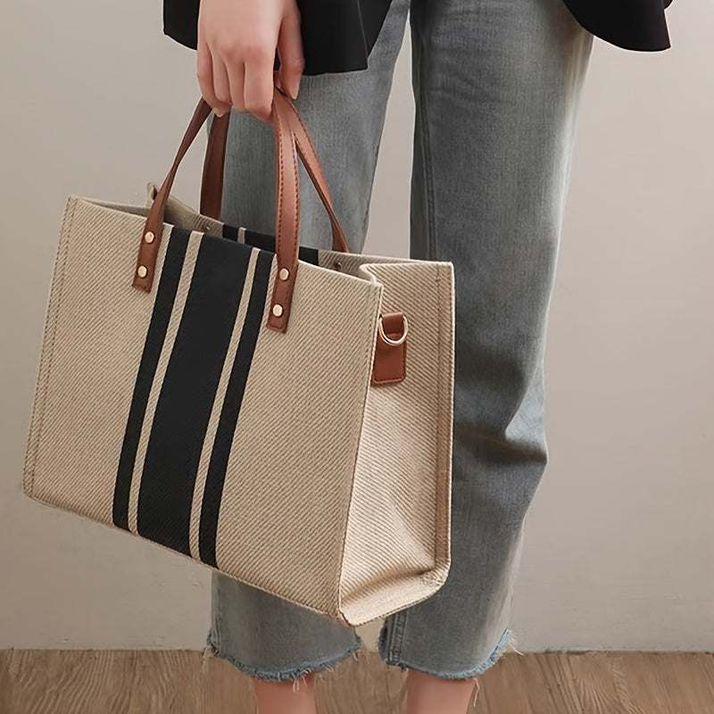 realaiot  Striped Canvas Tote Bag, Simple Large Capacity Briefcase, Women's Work Shoulder Bag