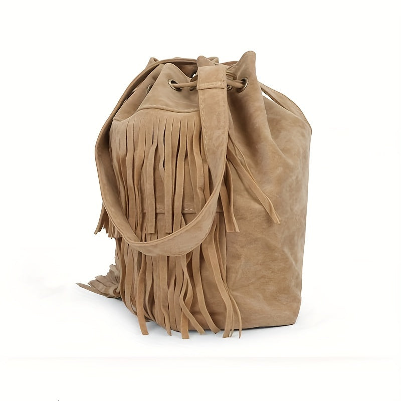 Retro Tassel Drawstring Bucket Bag, Drawstring Crossbody Bag, Simple Fringe Shoulder Bag For Travel & Daily Use