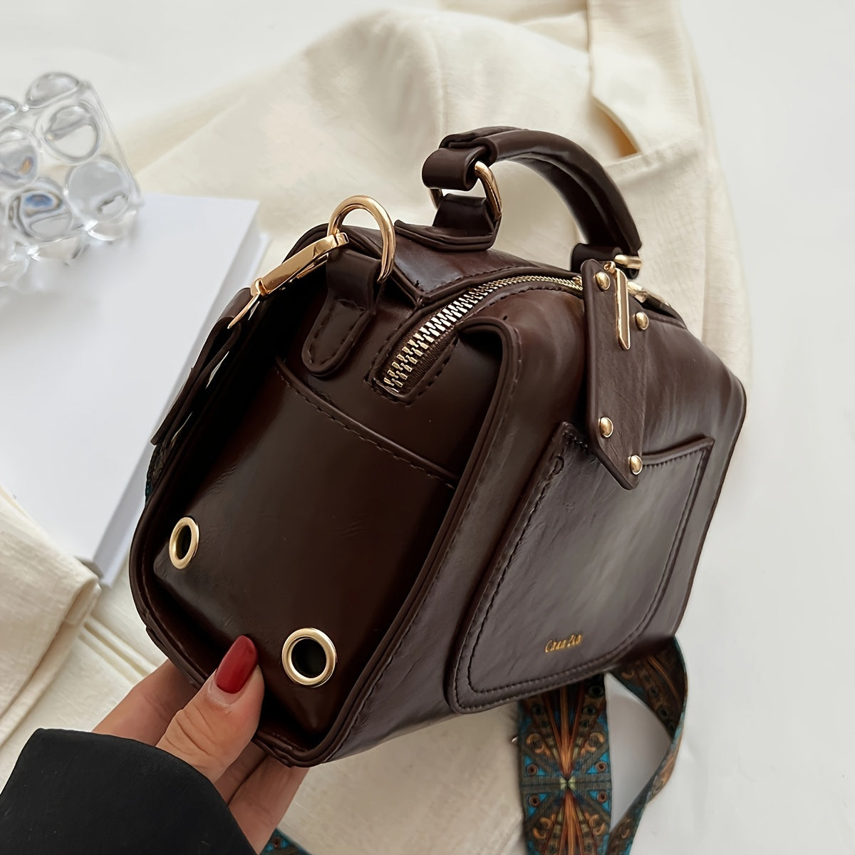realaiot  Vintage Classic Rivets Decor Mini Shoulder Bag, Solid Color Textured Top Handle Satchel Bag For Women
