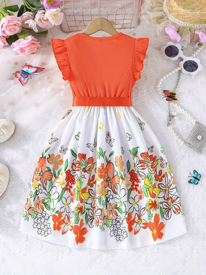 Floral Sleeveless Dress with Flutter Trim & Bow Belt - Perfect Summer Attire