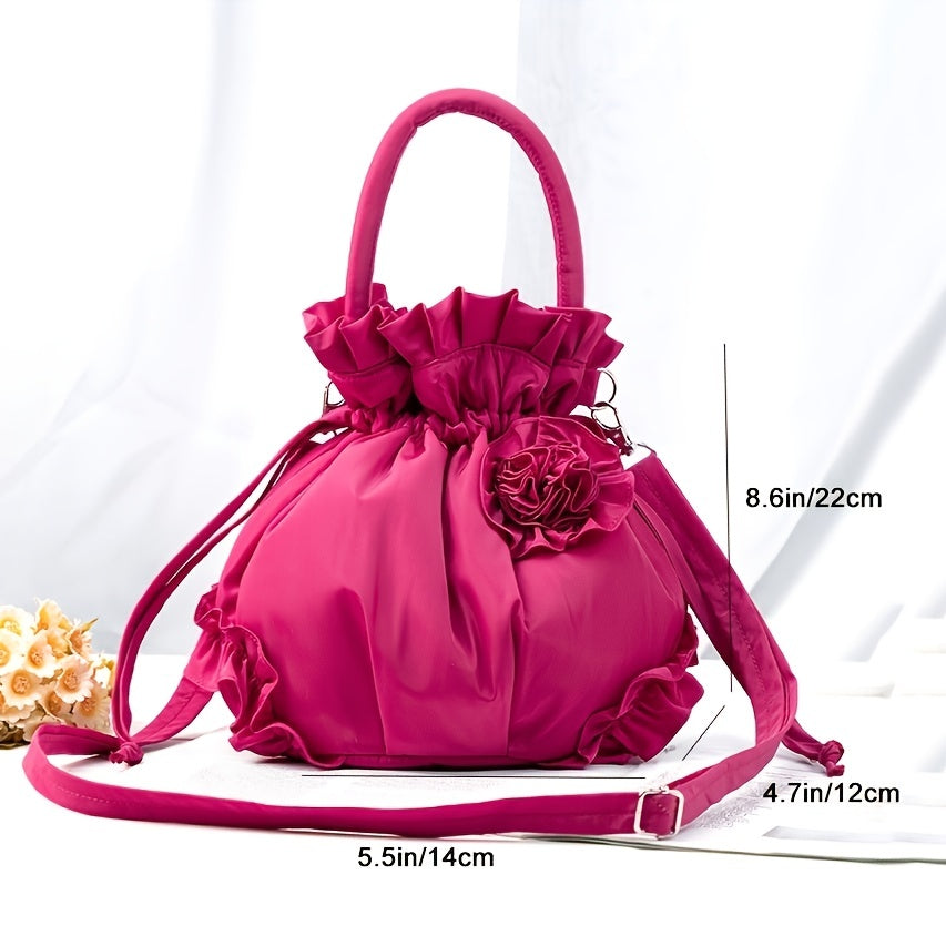 realaiot  Flower Decor Ruffle Trim Bucket Bag, Drawstring Design Top Handle Purse, Women's Fabric Shoulder Bag