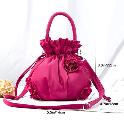 realaiot  Flower Decor Ruffle Trim Bucket Bag, Drawstring Design Top Handle Purse, Women's Fabric Shoulder Bag