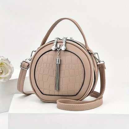 realaiot  Small Circular Crossbody Bag, PU Leather Shoulder Bag For Women, Fashion Zipper Handbag