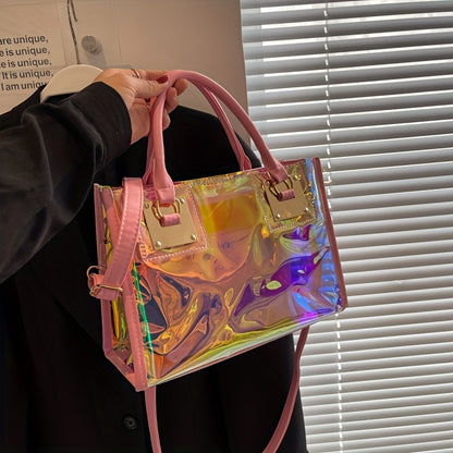 Stylish Holographic Tote Satchel Bag, Trendy Handbag, Versatile Travel Storage Bag