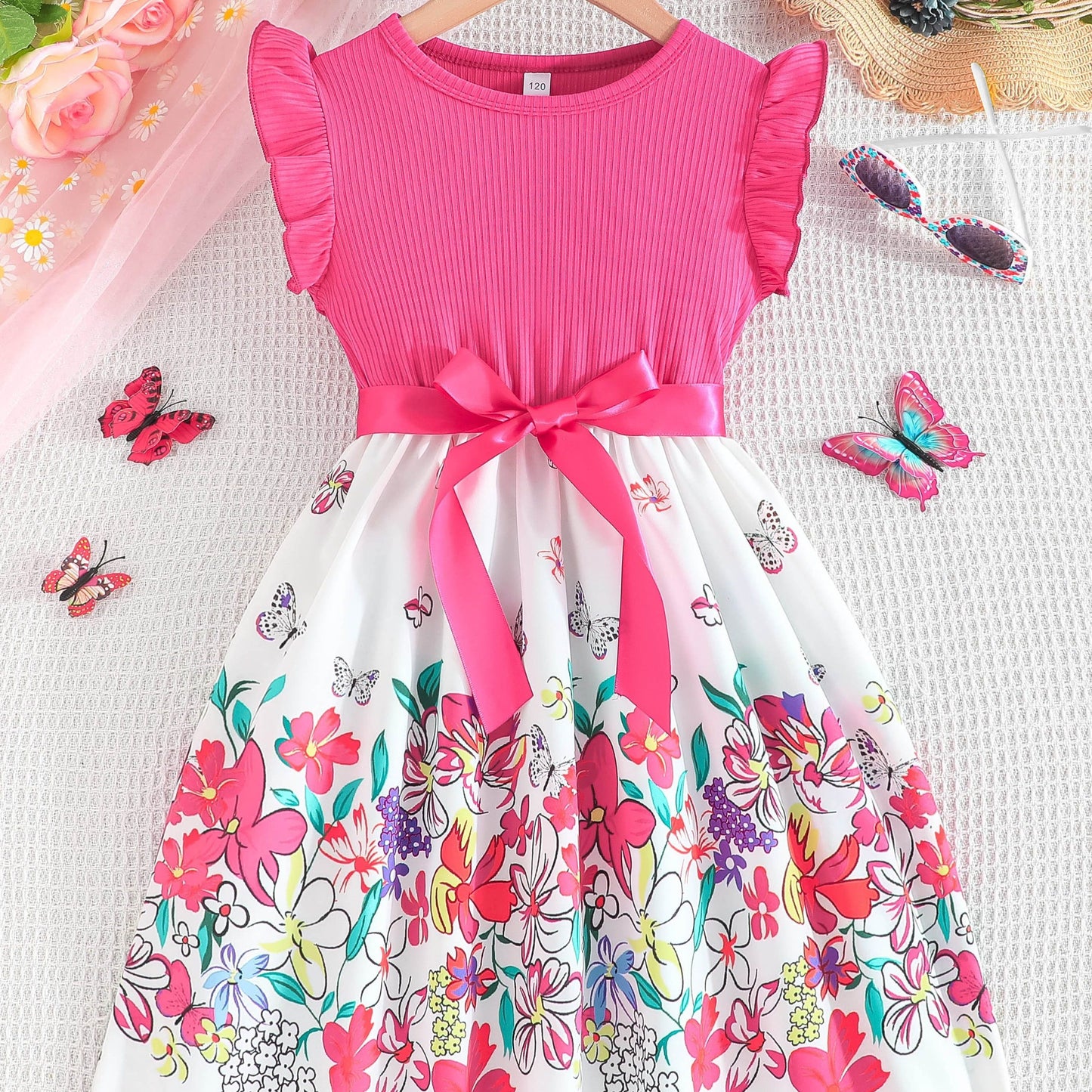 Floral Sleeveless Dress with Flutter Trim & Bow Belt - Perfect Summer Attire