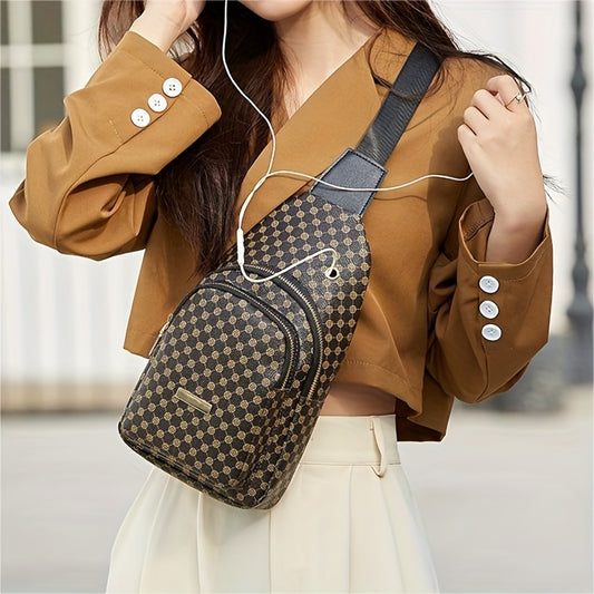 Women's Bag, Double-layer Circle Pattern Leopard Pattern Iron Plate Decoration Double-layer Chest Bag Casual Simple Crossbody Mobile Phone Bag