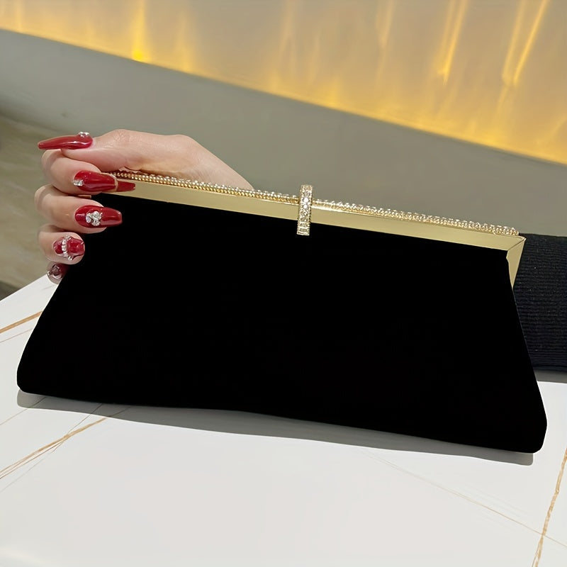 realaiot  Velvet Evening Bag For Women, Rhinestone Decor Clutch Purse, Clip Handbags For Wedding Prom Banquet