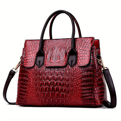 Retro Crocodile Embossed Tote Bag, Luxury Vegan Leather Satchel Purse, Large Capacity Crossbody Bag For Women