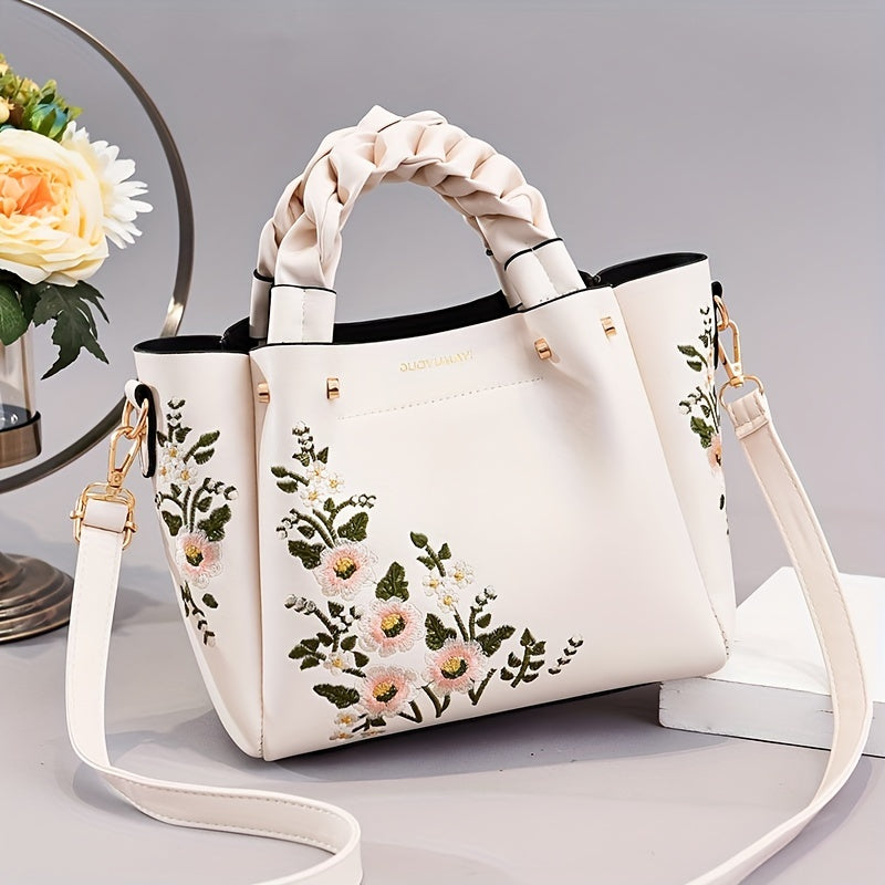 realaiot  Classic Flower Embroidered Tote Bag, Elegant Satchel Bag With Twisted Strap, All-Match Bag For Work