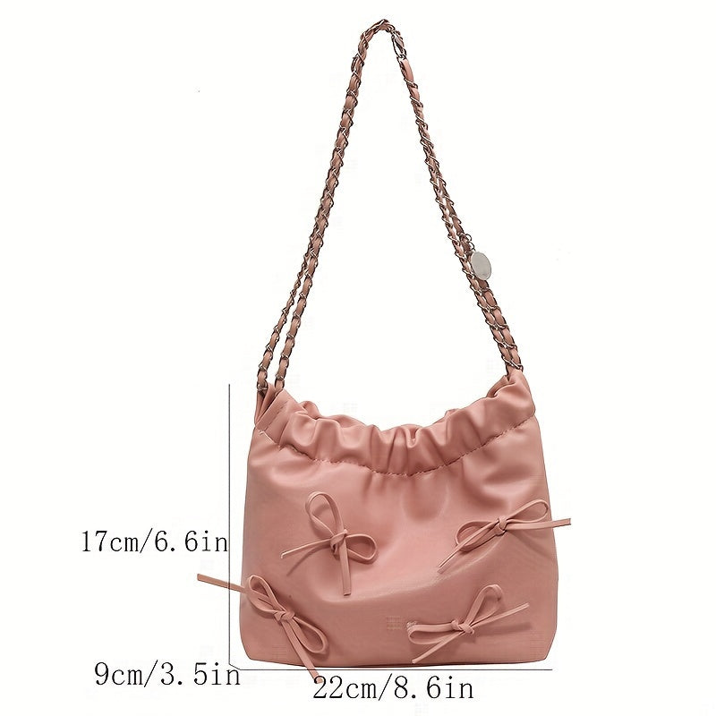 Cute Bow Decorated Shoulder Bag, Solid Color Pleated Crossbody Bag, Perfect Underarm Bag For Daily Use