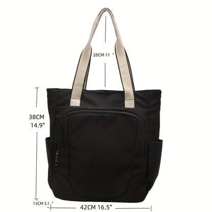 realaiot  Trendy Solid Multi-pocket Tote Bag, Lightweight Zipper Commuter Bag, All-match Travel Work Leisure Shoulder Bag