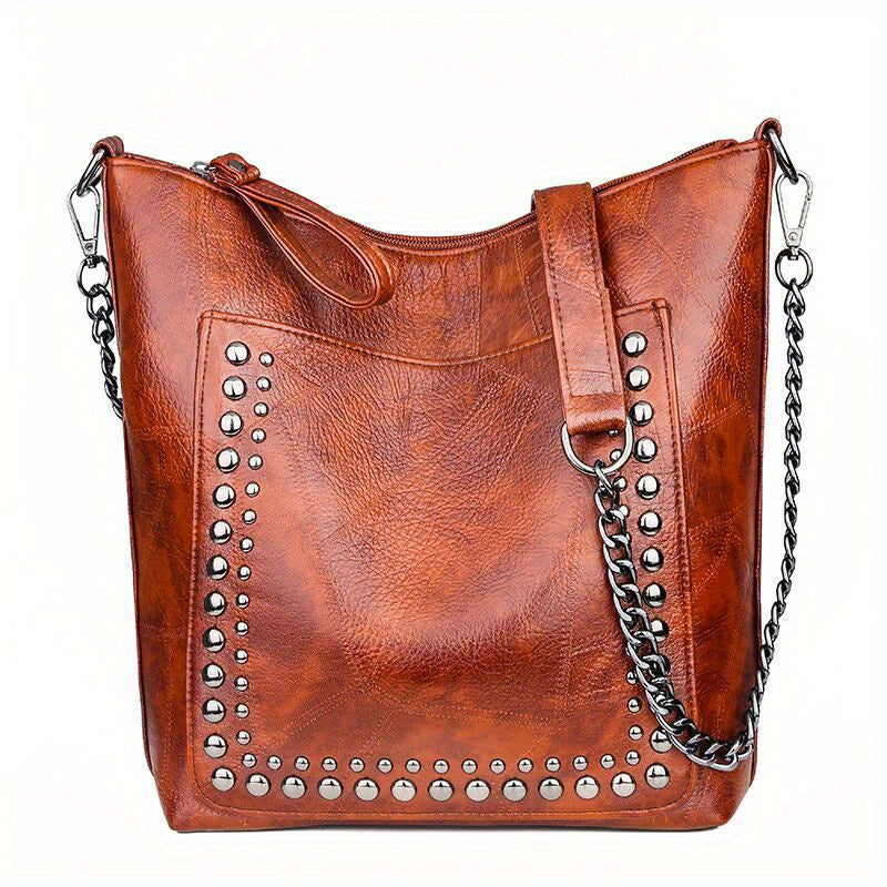 Vintage Style Studded Versatile Shoulder Bag, Rivet PU Leather Stylish Shoulder Bag, Large Capacity Zipper Punk Style Trendy Crossbody Bag