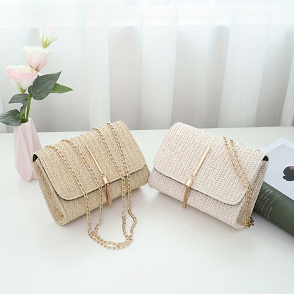 realaiot  1pc Mini Pearl Decor Crossbody Flap Straw Bag (7.5*2.8*5.5) Inch