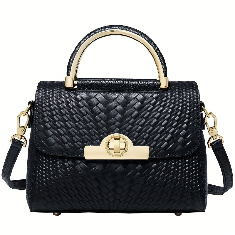realaiot ZOOLER Braided Detail Handbag, Turn Lock Crossbody Bag, Women's Leather Flap Purse For Everyday